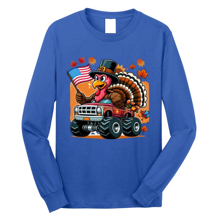 Thanksgiving Turkey Riding Monster Truck Usa Flag Meaningful Gift Long Sleeve Shirt