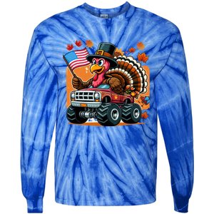 Thanksgiving Turkey Riding Monster Truck Usa Flag Meaningful Gift Tie-Dye Long Sleeve Shirt