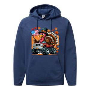 Thanksgiving Turkey Riding Monster Truck Usa Flag Meaningful Gift Performance Fleece Hoodie