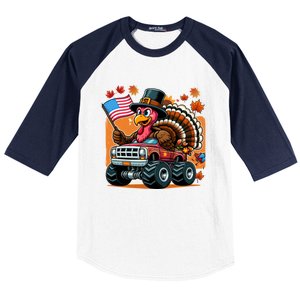 Thanksgiving Turkey Riding Monster Truck Usa Flag Meaningful Gift Baseball Sleeve Shirt