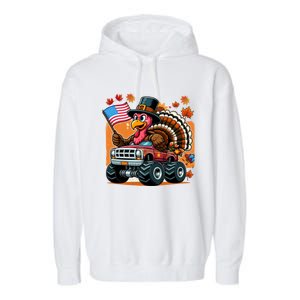 Thanksgiving Turkey Riding Monster Truck Usa Flag Meaningful Gift Garment-Dyed Fleece Hoodie