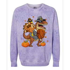 Thanksgiving Turkey Riding T Rex Dinosaur Toddler Boys Gift Colorblast Crewneck Sweatshirt