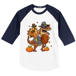 Thanksgiving Turkey Riding T Rex Dinosaur Toddler Boys Gift Baseball Sleeve Shirt