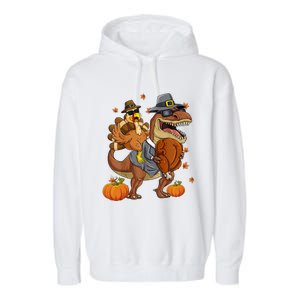 Thanksgiving Turkey Riding T Rex Dinosaur Toddler Boys Gift Garment-Dyed Fleece Hoodie