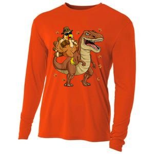 Thanksgiving Turkey Riding T Rex Dinosaur Toddler Boys Cute Gift Cooling Performance Long Sleeve Crew