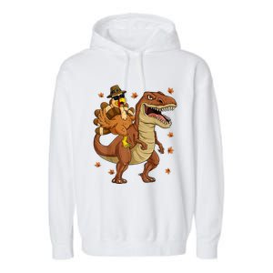 Thanksgiving Turkey Riding T Rex Dinosaur Toddler Boys Cute Gift Garment-Dyed Fleece Hoodie