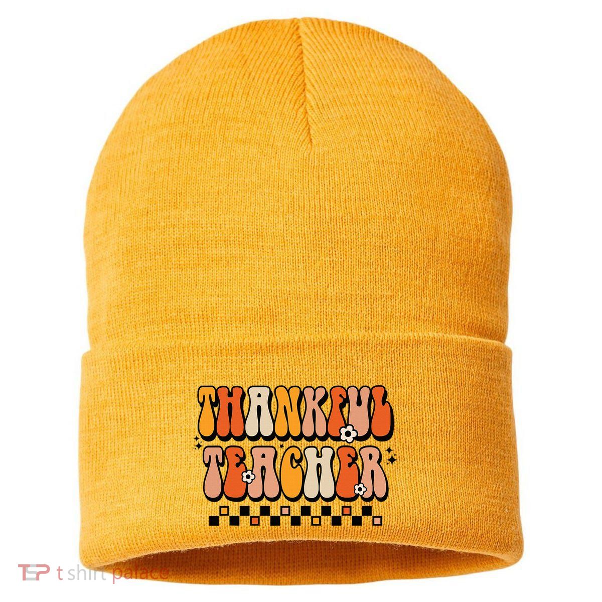 Thankful Teacher Retro Groovy Teacher Thanksgiving School Sustainable Knit Beanie