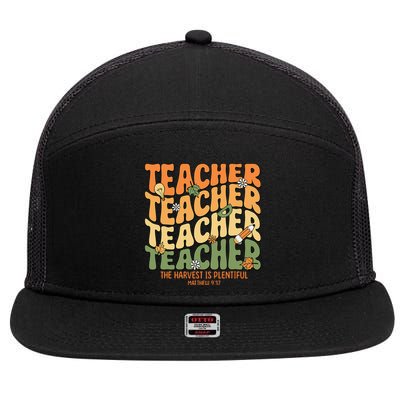 Thankful Teacher Retro Groovy Thanksgiving Fall 7 Panel Mesh Trucker Snapback Hat