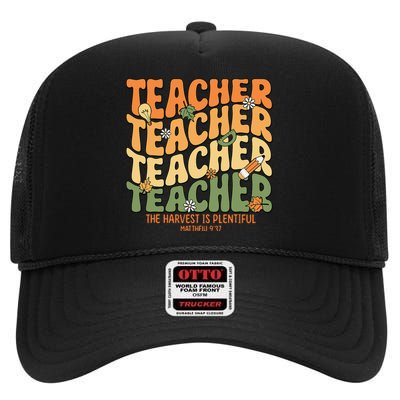 Thankful Teacher Retro Groovy Thanksgiving Fall High Crown Mesh Back Trucker Hat