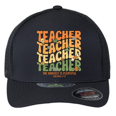 Thankful Teacher Retro Groovy Thanksgiving Fall Flexfit Unipanel Trucker Cap