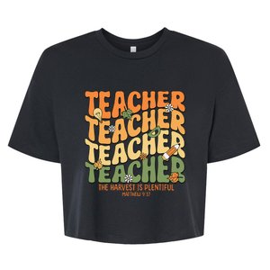 Thankful Teacher Retro Groovy Thanksgiving Fall Bella+Canvas Jersey Crop Tee