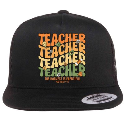 Thankful Teacher Retro Groovy Thanksgiving Fall Flat Bill Trucker Hat