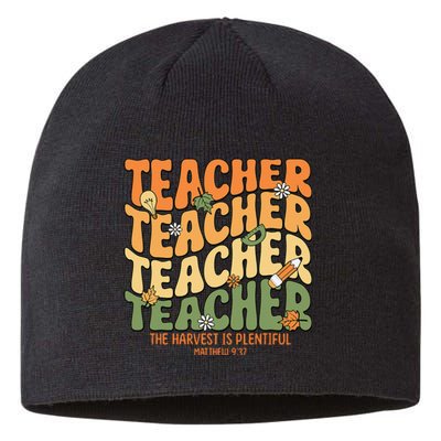 Thankful Teacher Retro Groovy Thanksgiving Fall Sustainable Beanie