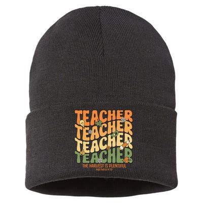 Thankful Teacher Retro Groovy Thanksgiving Fall Sustainable Knit Beanie