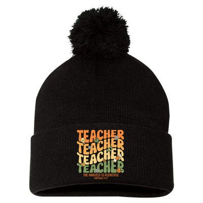 Thankful Teacher Retro Groovy Thanksgiving Fall Pom Pom 12in Knit Beanie