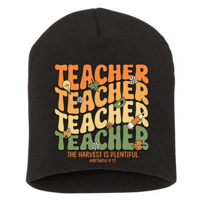 Thankful Teacher Retro Groovy Thanksgiving Fall Short Acrylic Beanie