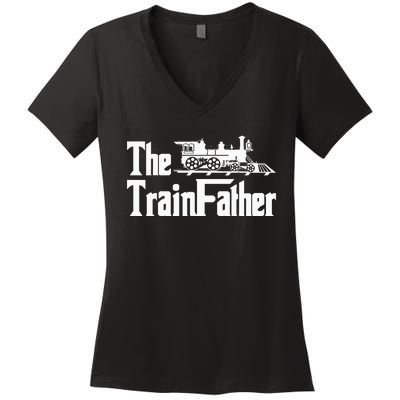 The Trainfather  Railroad Model Train Collector Conductor Women's V-Neck T-Shirt