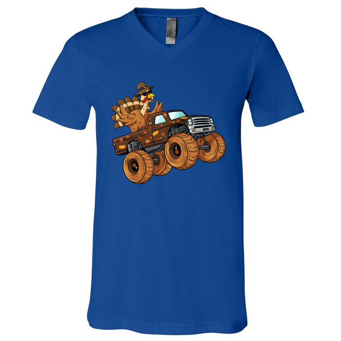 Thanksgiving Turkey Riding Monster Truck Boys Gift V-Neck T-Shirt