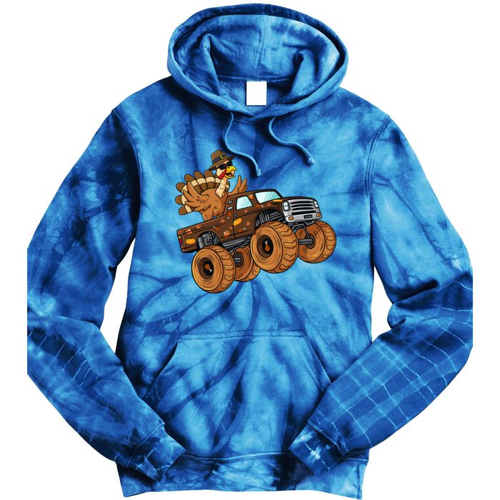 Thanksgiving Turkey Riding Monster Truck Boys Gift Tie Dye Hoodie