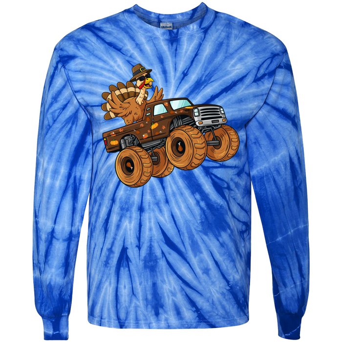 Thanksgiving Turkey Riding Monster Truck Boys Gift Tie-Dye Long Sleeve Shirt