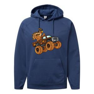 Thanksgiving Turkey Riding Monster Truck Boys Gift Performance Fleece Hoodie