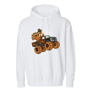 Thanksgiving Turkey Riding Monster Truck Boys Gift Garment-Dyed Fleece Hoodie