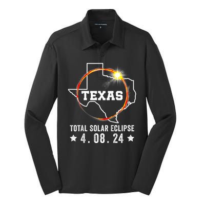 Texas Total Solar Eclipse April 8 2024 Texas Map Silk Touch Performance Long Sleeve Polo