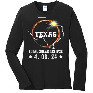 Texas Total Solar Eclipse April 8 2024 Texas Map Ladies Long Sleeve Shirt