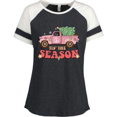 Tis The Season Retro Truck Christmas Enza Ladies Jersey Colorblock Tee