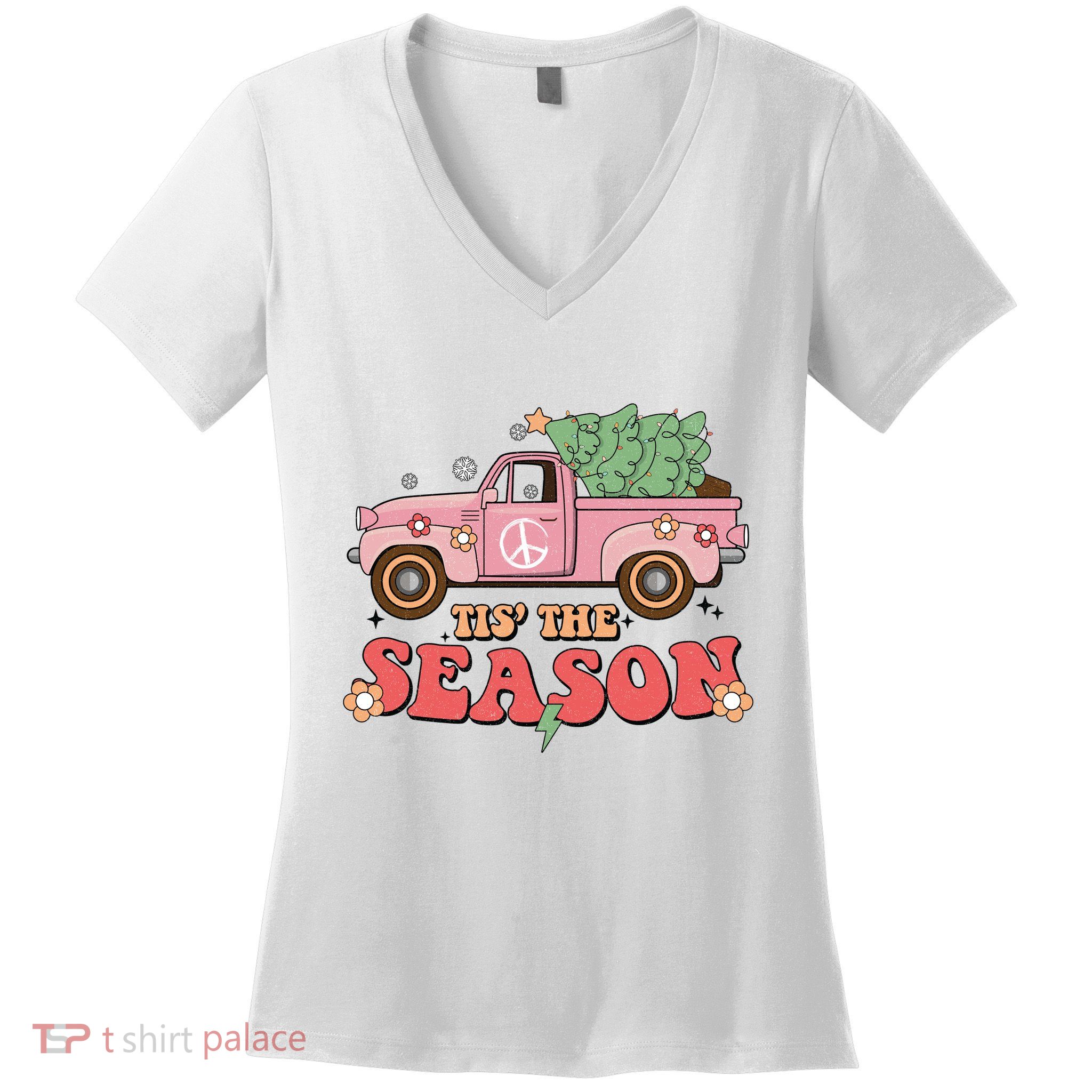 Tis The Season Retro Truck Christmas Women's V-Neck T-Shirt