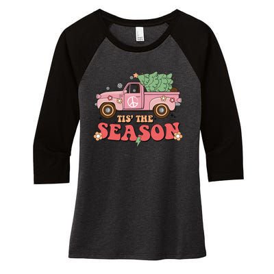 Tis The Season Retro Truck Christmas Women's Tri-Blend 3/4-Sleeve Raglan Shirt