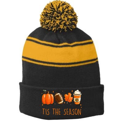 Tis The Season Fall Autumn Football Pumpkin Coffee Leaves Stripe Pom Pom Beanie