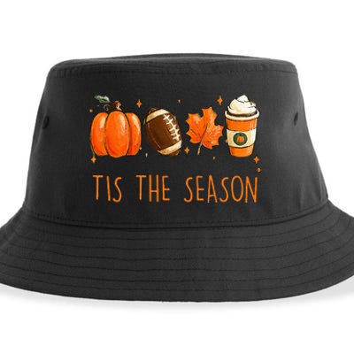 Tis The Season Fall Autumn Football Pumpkin Coffee Leaves Sustainable Bucket Hat