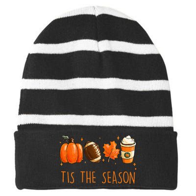 Tis The Season Fall Autumn Football Pumpkin Coffee Leaves Striped Beanie with Solid Band