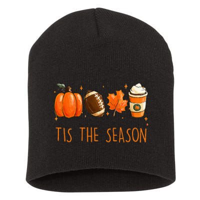 Tis The Season Fall Autumn Football Pumpkin Coffee Leaves Short Acrylic Beanie