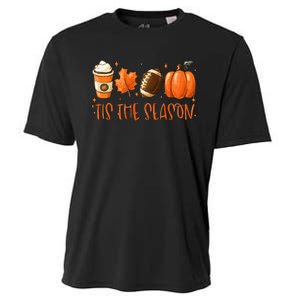 Tis The Season Pumpkin Leaf Latte Fall Thanksgiving Football Cooling Performance Crew T-Shirt