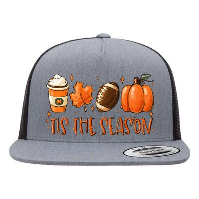 Tis The Season Pumpkin Leaf Latte Fall Thanksgiving Football Flat Bill Trucker Hat