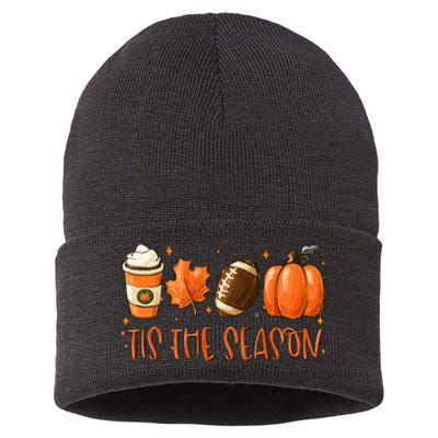 Tis The Season Pumpkin Leaf Latte Fall Thanksgiving Football Sustainable Knit Beanie