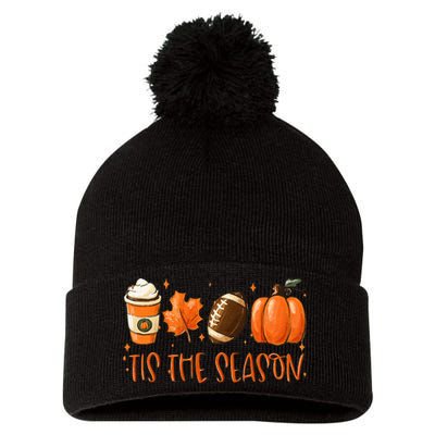 Tis The Season Pumpkin Leaf Latte Fall Thanksgiving Football Pom Pom 12in Knit Beanie