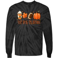 Tis The Season Pumpkin Leaf Latte Fall Thanksgiving Football Tie-Dye Long Sleeve Shirt