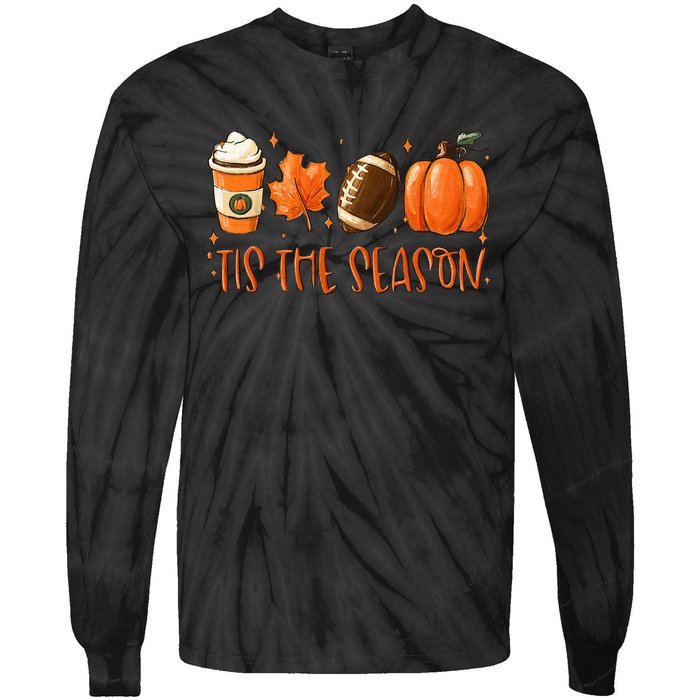 Tis The Season Pumpkin Leaf Latte Fall Thanksgiving Football Tie-Dye Long Sleeve Shirt