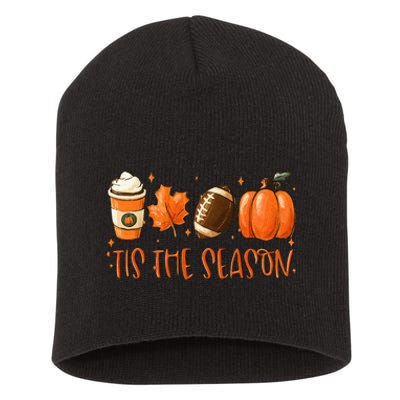 Tis The Season Pumpkin Leaf Latte Fall Thanksgiving Football Short Acrylic Beanie