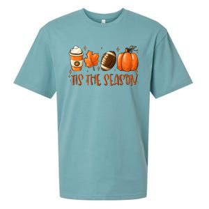 Tis The Season Pumpkin Leaf Latte Fall Thanksgiving Football Sueded Cloud Jersey T-Shirt