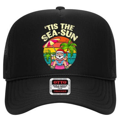 Tis The Sea Sun Santa Beach Summer Christmas In July Summer High Crown Mesh Back Trucker Hat