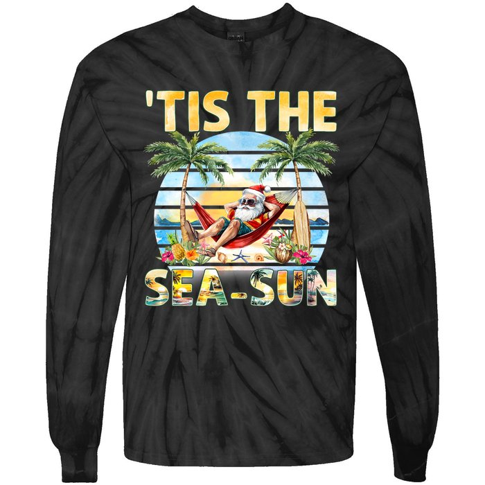 Tis The Sea Sun Christmas In July Santa Beach Summer Tie-Dye Long Sleeve Shirt