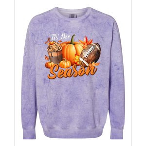 TIS THE SEASON Pumpkin Leaf Latte Fall Thanksgiving Football Colorblast Crewneck Sweatshirt