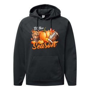 TIS THE SEASON Pumpkin Leaf Latte Fall Thanksgiving Football Performance Fleece Hoodie