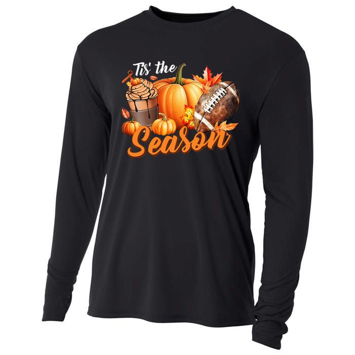 TIS THE SEASON Pumpkin Leaf Latte Fall Thanksgiving Football Cooling Performance Long Sleeve Crew