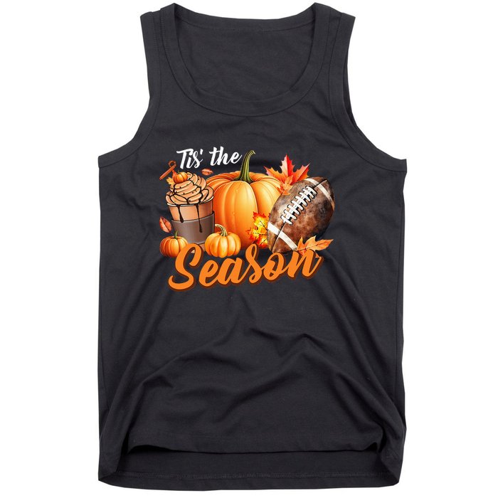 TIS THE SEASON Pumpkin Leaf Latte Fall Thanksgiving Football Tank Top