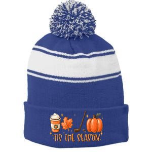 Tis The Season Hockey Latte Leaves Hello Pumpkin Halloween Gift Stripe Pom Pom Beanie